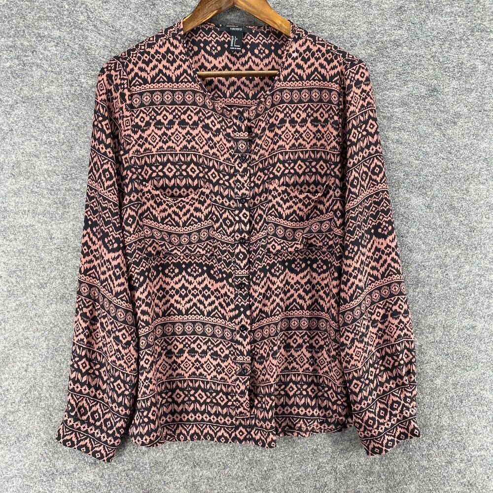 Forever 21 Shirt Women L Large Pink Geometric Button Up Long Sleeve Round Neck - Picture 1 of 7